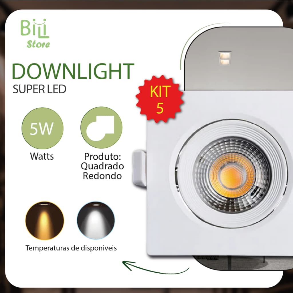 Kit 5 luminárias spot LED quadrado direcionável 5W branco quente 3000K luz amarela bivolt