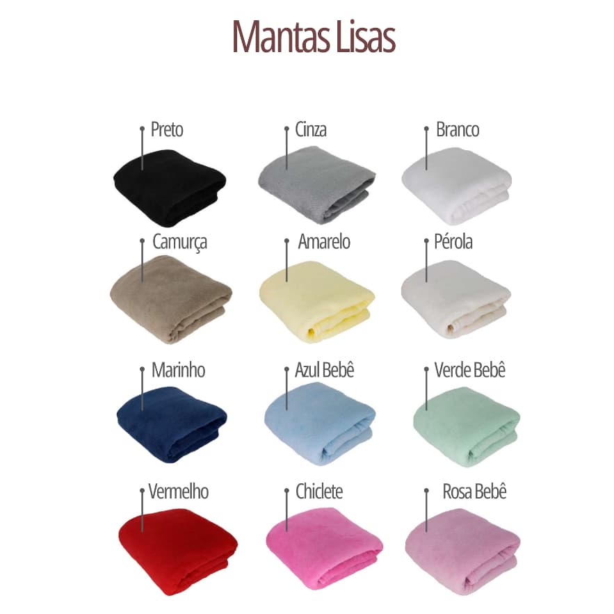 Variedade de mantas cobertor em microfibra de poliéster em diferentes cores