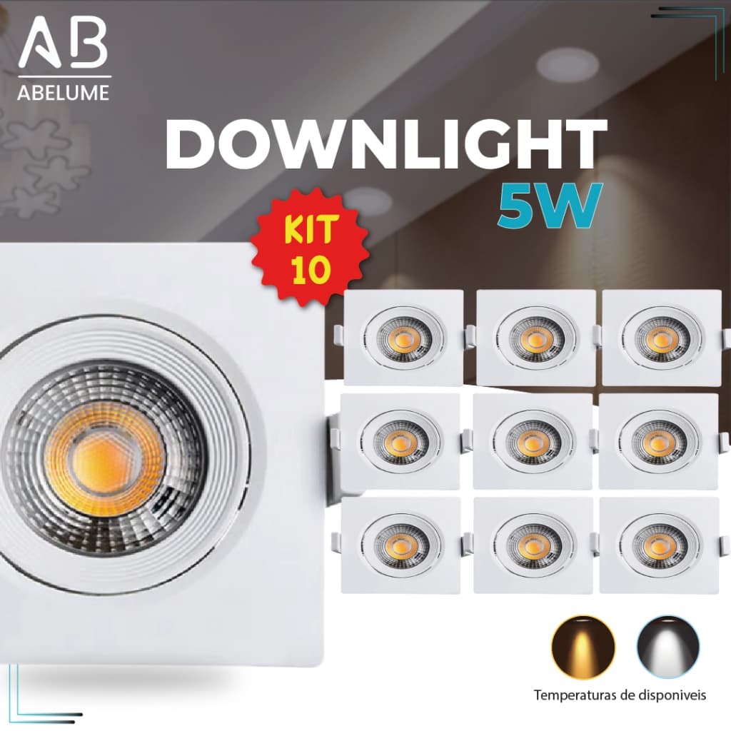 Kit 10 luminárias LED quadrada 5W embutível em gesso teto, luz branca e amarela, bivolt, pronto entrega