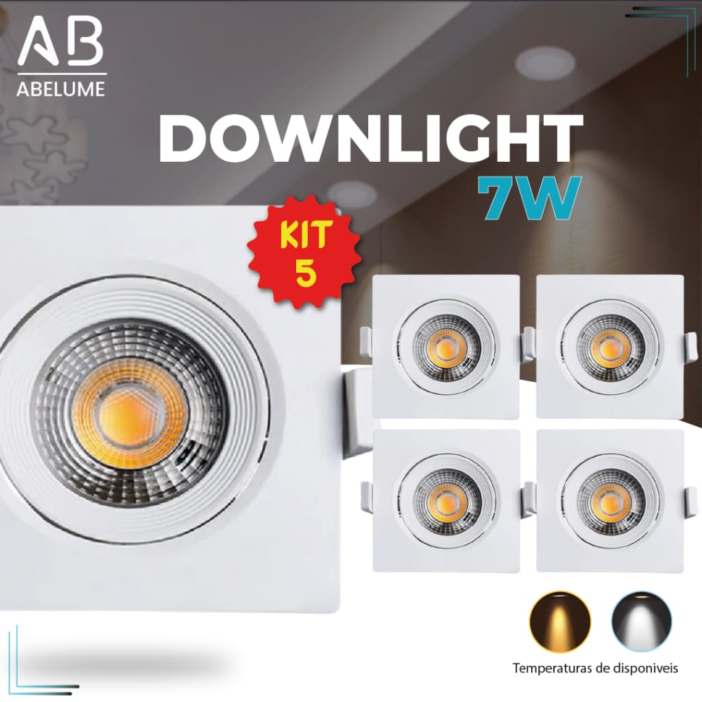 Kit 5 Luminária Spot LED Quadrado Direcionável 7W Branco Quente 3000K e Branco Frio 6500K