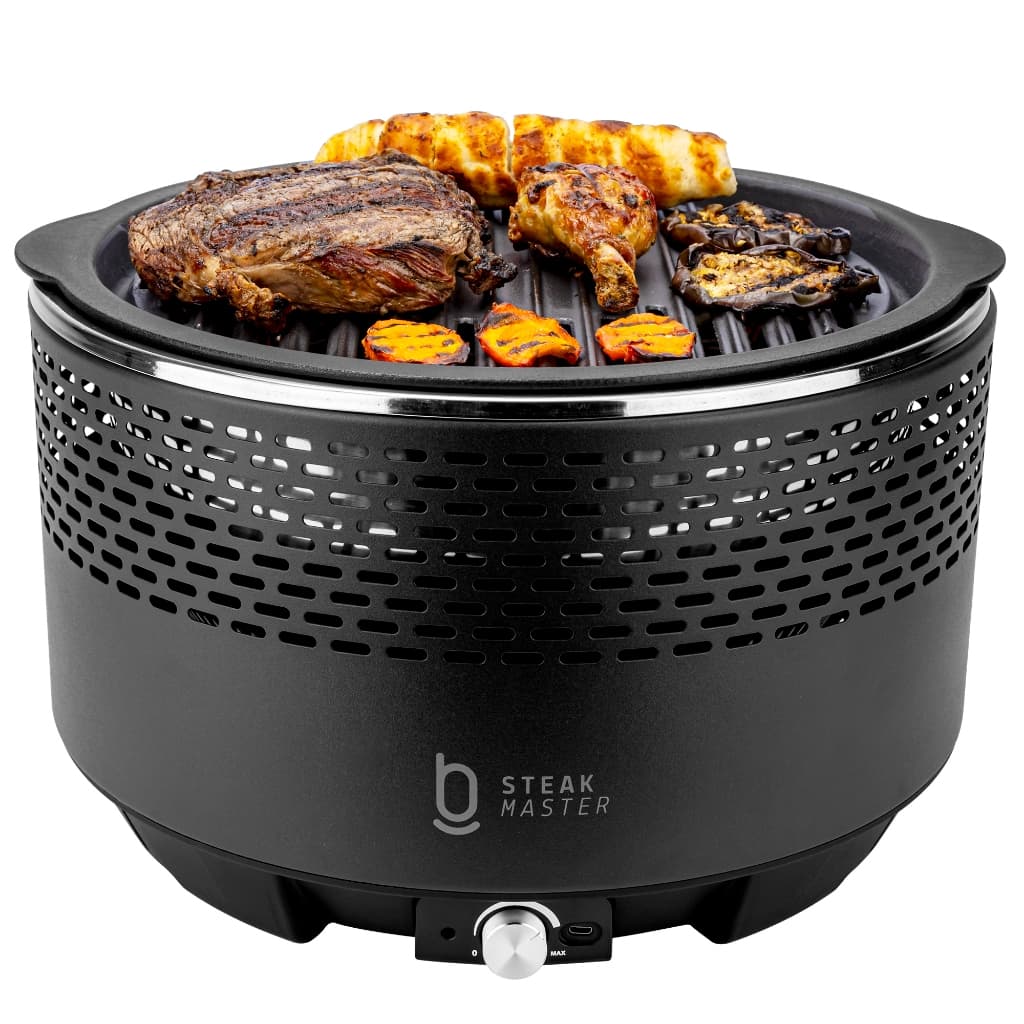 Churrasqueira portátil a carvão Steak Master com grelha circular e carnes e legumes grelhados