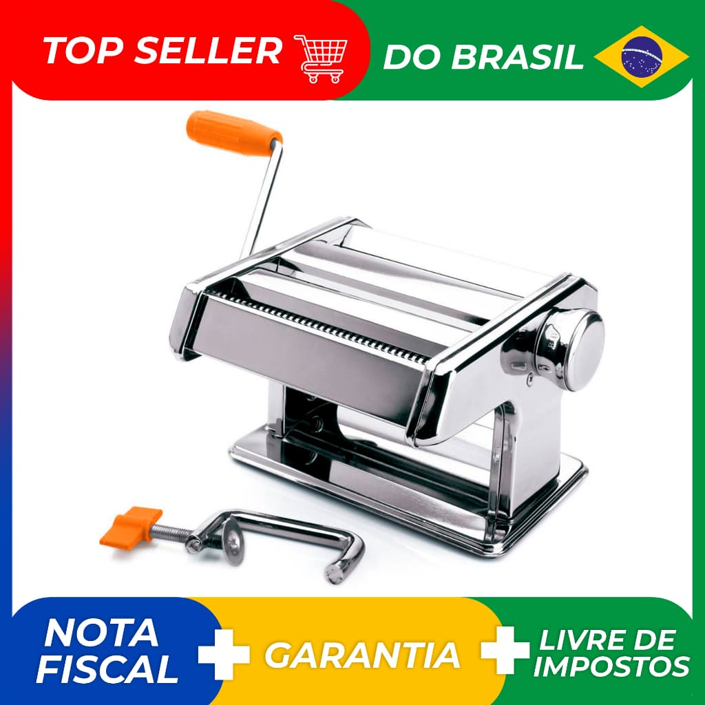 Máquina de macarrão cilíndrica em aço inox para massa caseira talharim, com alavanca laranja, fundo branco e texto promocional.