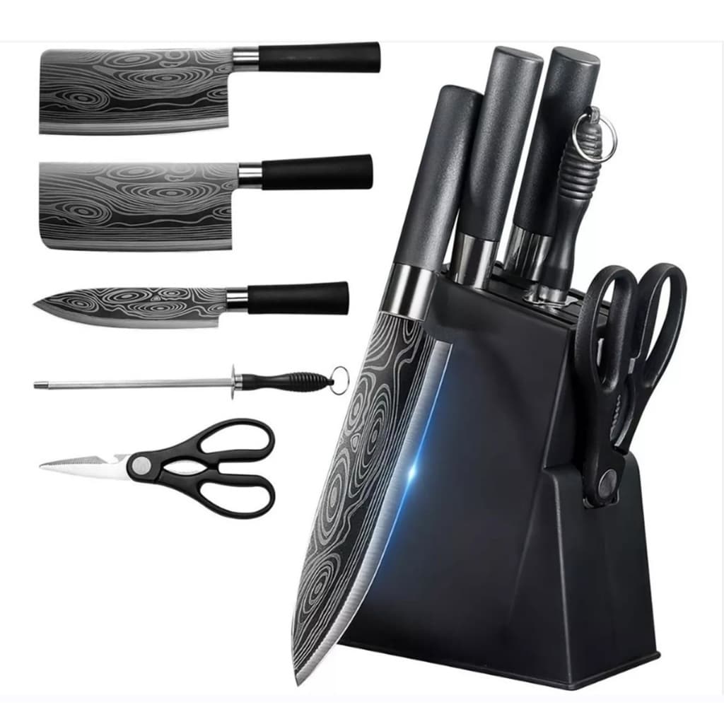 Kit de facas de aço inoxidável com seis peças, facas de chef, facas de cozinha, tesouras, facas de pão e descascador, com suporte preto.