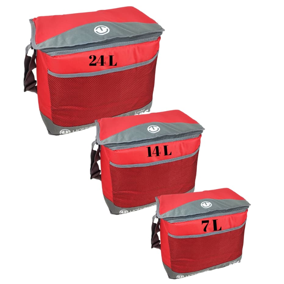 Caixas térmicas Unitermi de 24L, 14L e 7L em vermelho e cinza com alças e bolsos laterais