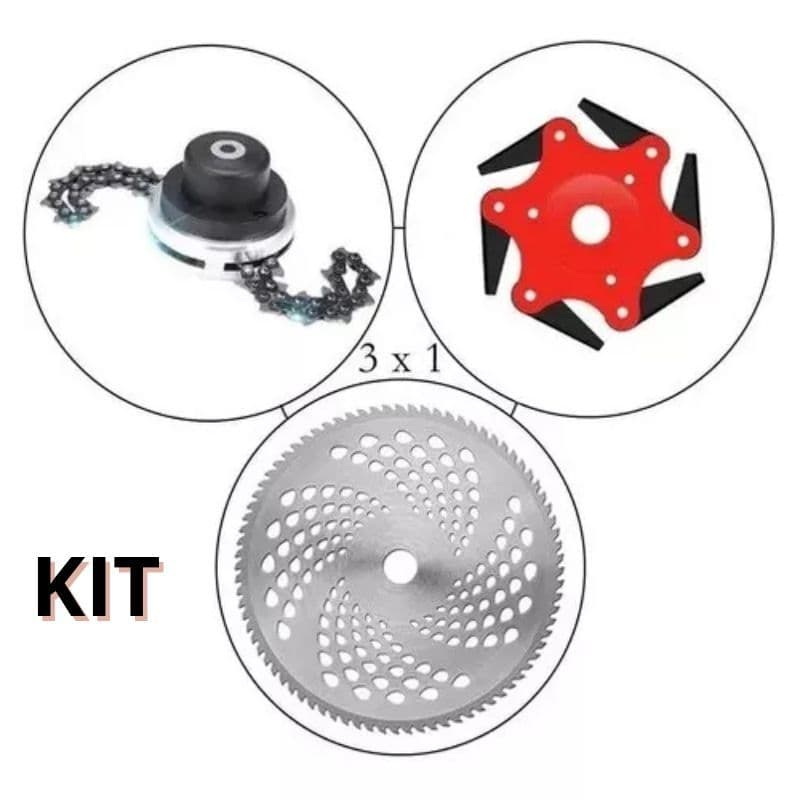 Kit de lâminas para roçadeiras com lâmina preta e prateada, lâmina vermelha e preta, e lâmina prateada com furos