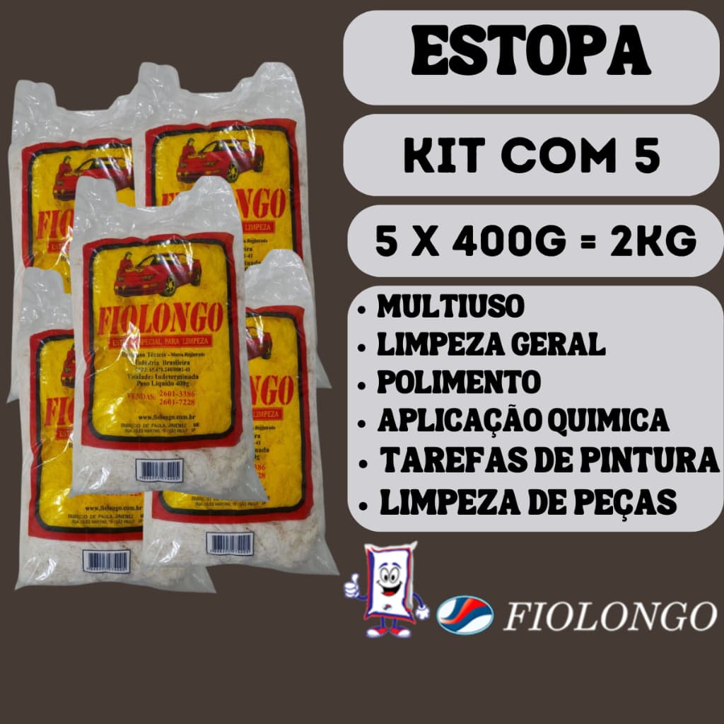 Kit c/ 5 Pct de 400 gr - Estopa Para Limpeza Fio Longo - Pintura - Limpeza Geral - Limpeza Mecânica