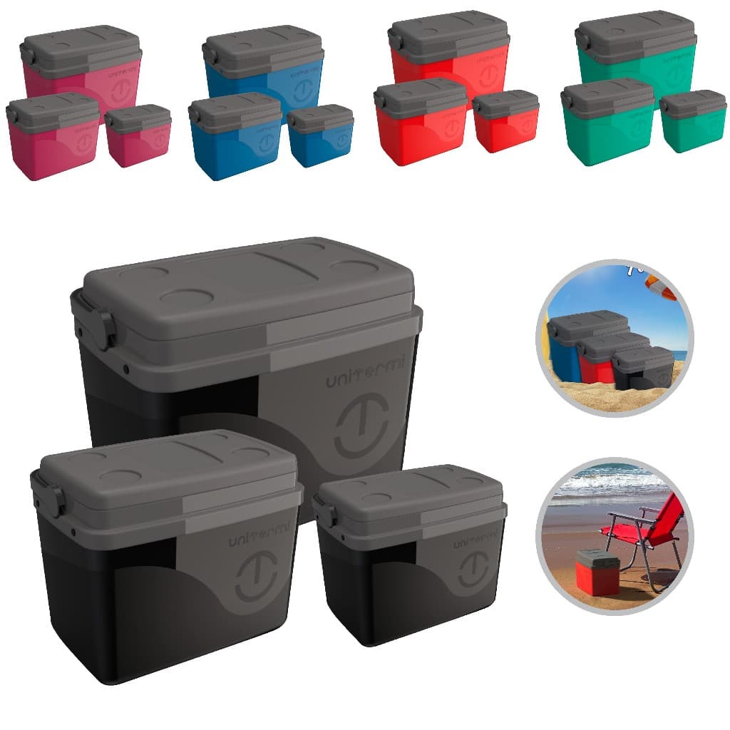 Coolers térmicos Unitermi de 7,5L, 15L e 30L para praia e camping em cores cinza, vermelho, azul, verde e rosa