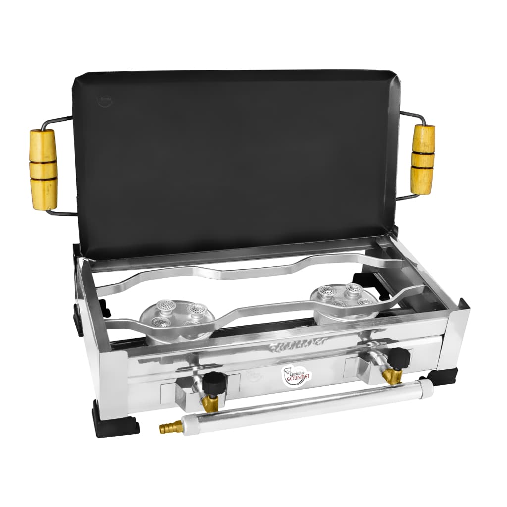 Fogão Industrial Fogareiro Inox Portátil À Gás 2 Bocas Alta Pressão Caminhoneiro Mesa Com Chapa Bife