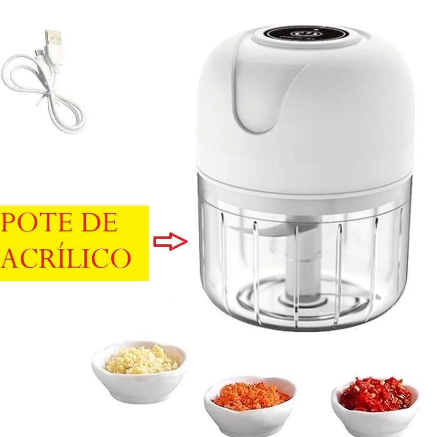 Mini processador de alimentos elétrico de acrílico 250ML com 3 lâminas de aço inox USB bivolt