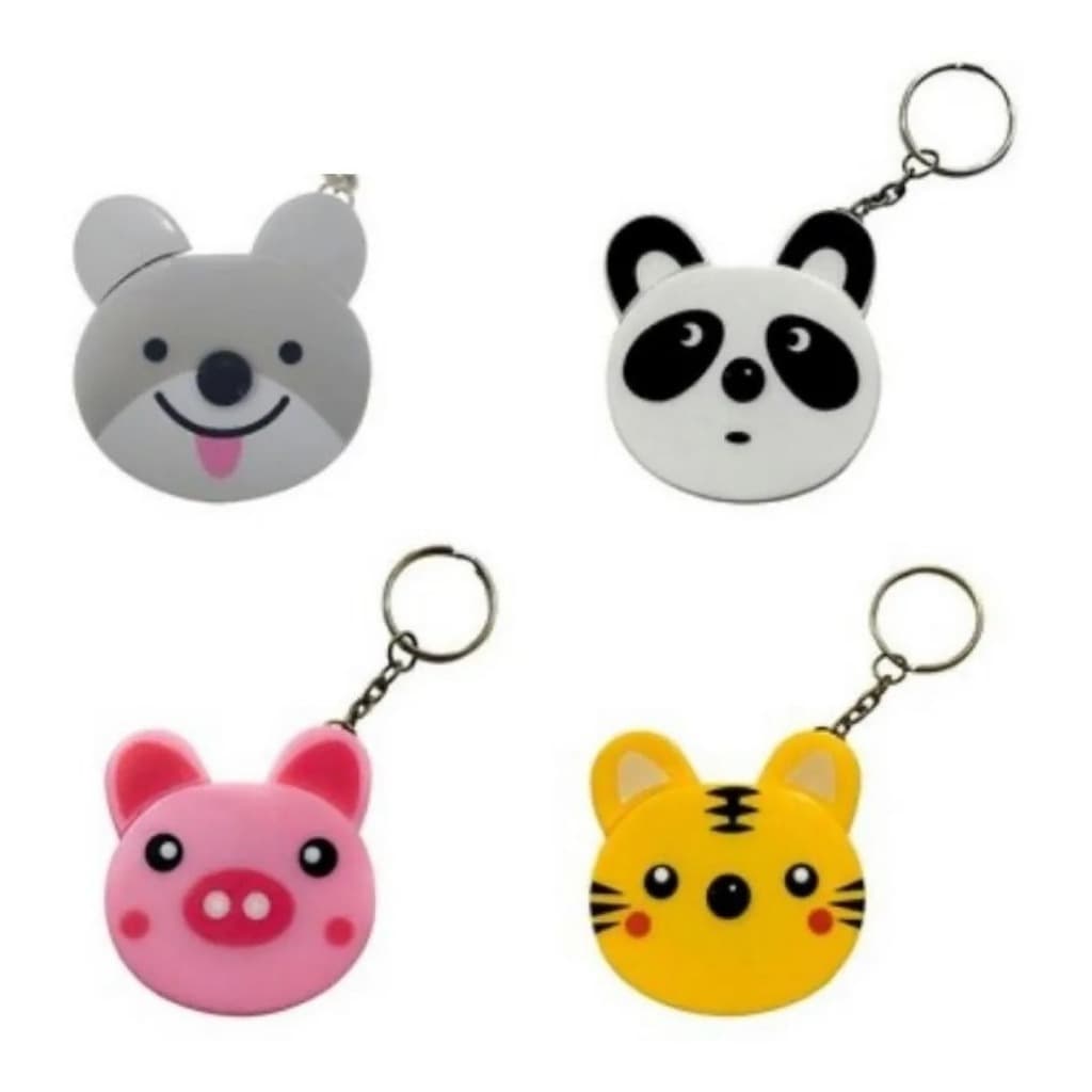 Chaveiro animal desenhado em diferentes cores, cinza, branco, rosa e amarelo