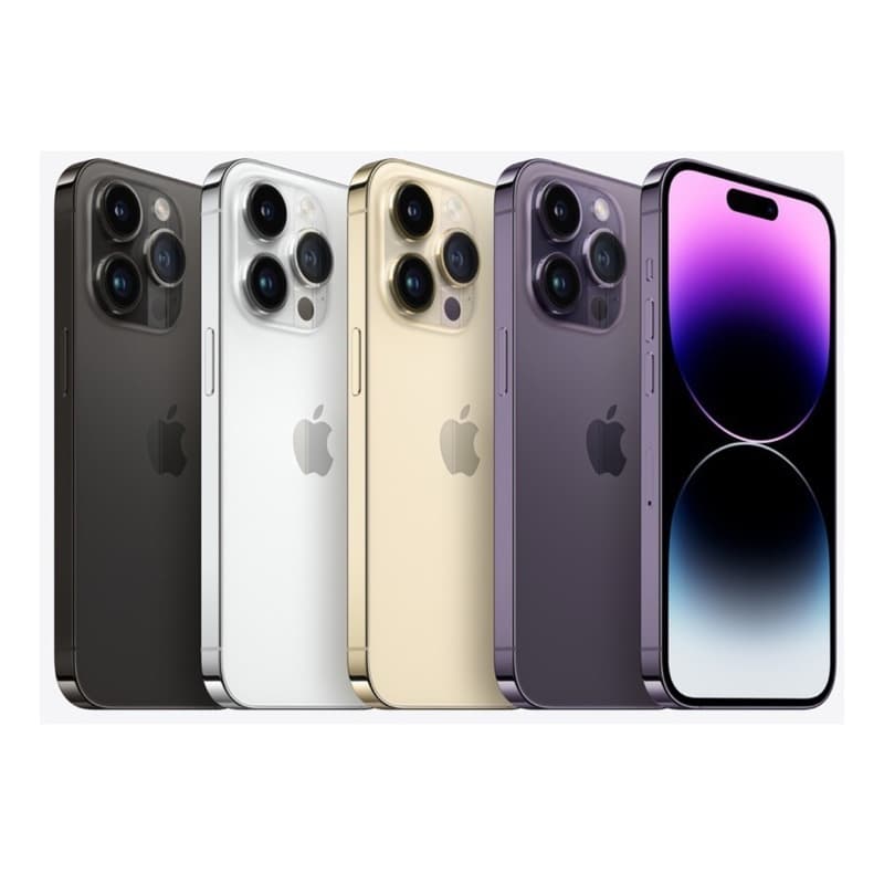 iPhone 14 Pro Max em várias cores - preto, prata, ouro e roxo - em uma vitrine com fundo branco.