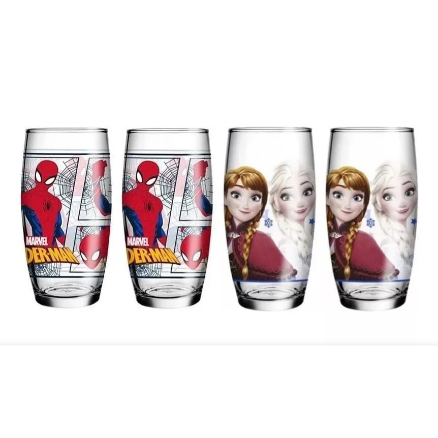 Kit com 4 copos de vidro 430ml - 2 Homem Aranha e 2 Frozen Disney