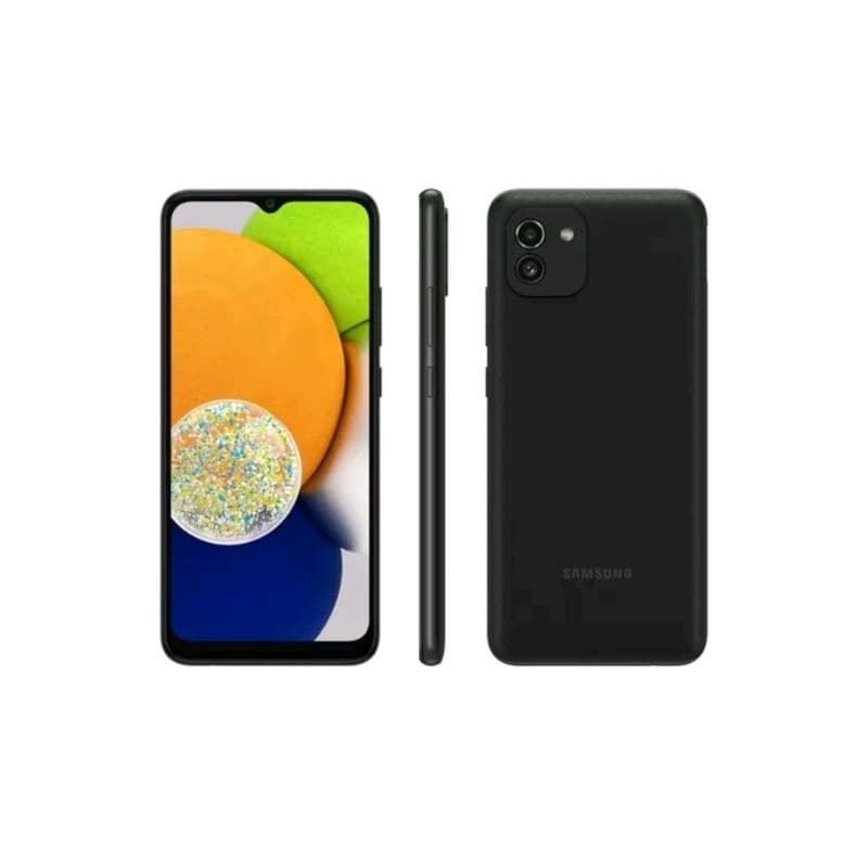 Imagem do smartphone Samsung Galaxy A03 64GB, mostrando frente e verso em fundo branco