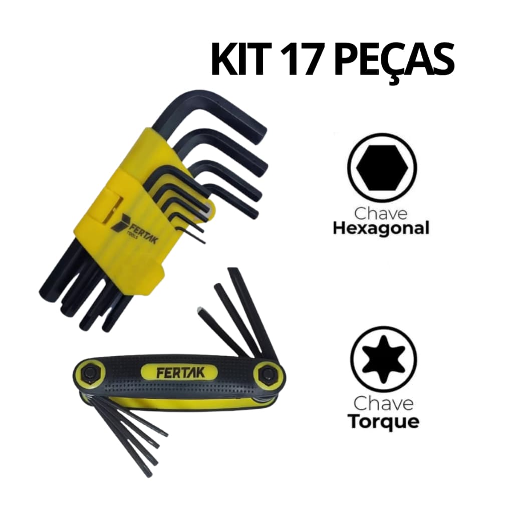 Kit de 17 peças de chaves de fenda e hexagonal Fertak, com detalhes em amarelo e cinza.