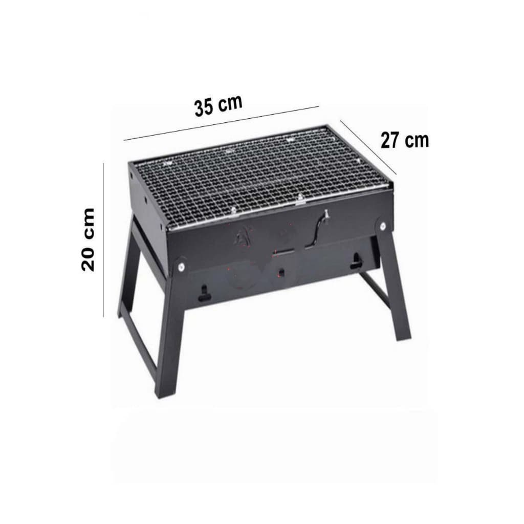 Churrasqueira portátil preta para camping com grelha removível, medidas 35x27x20 cm