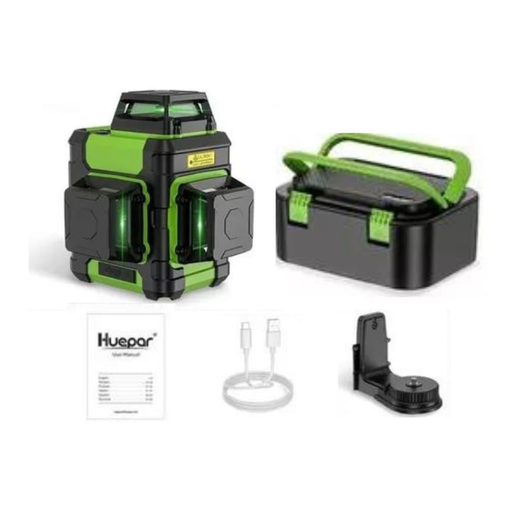 Nível a laser verde 12 linhas com maleta e bateria recarregável da marca Huepar