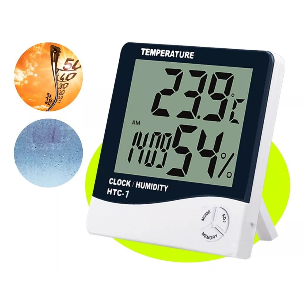 Termo-higrômetro digital com tela LCD para temperatura e umidade, modelo HTC-1, cor preto e branco