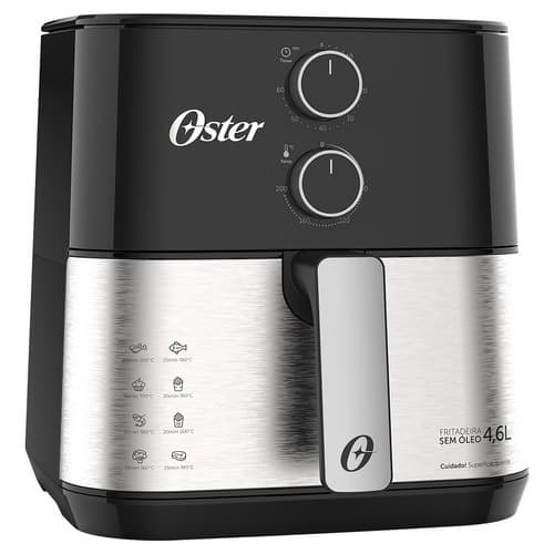 Fritadeira sem óleo Oster 4,6L, controles de temperatura e tempo, design preto e prata