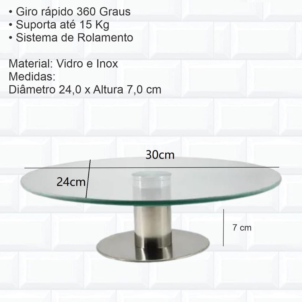 Boleira de plataforma giratória de vidro com base metálica, 30 cm de diâmetro, suporta até 15 kg.