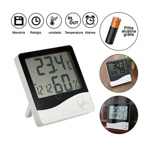 Termo-higrômetro digital branco e preto com display digital, ícones e pilha alcalina grátis