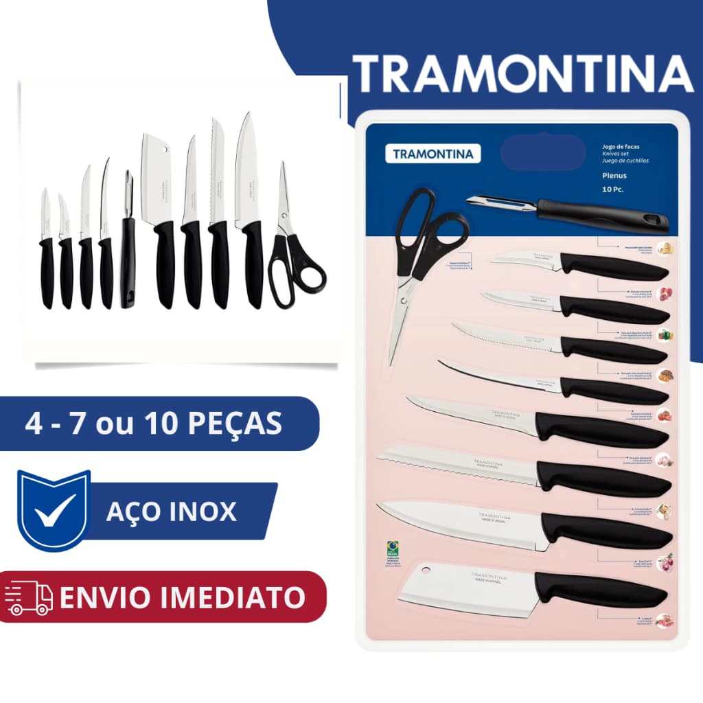 Conjunto de facas inox Tramontina 4, 7 ou 10 peças com cepo de madeira preto