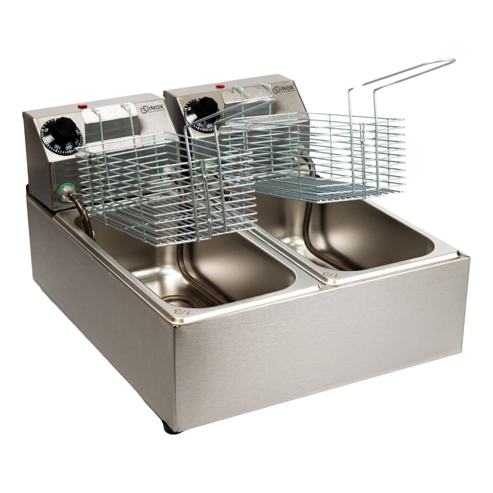 Fritadeira industrial 6L com duas cubas de aço inoxidável, cestos removíveis e controles de temperatura