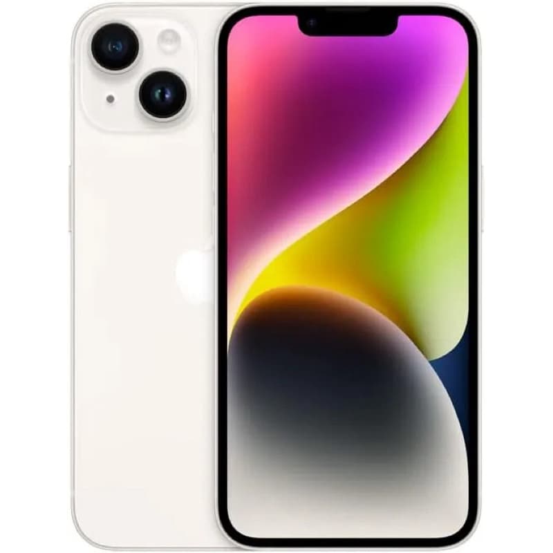 iPhone 14 branco com tela colorida frontal