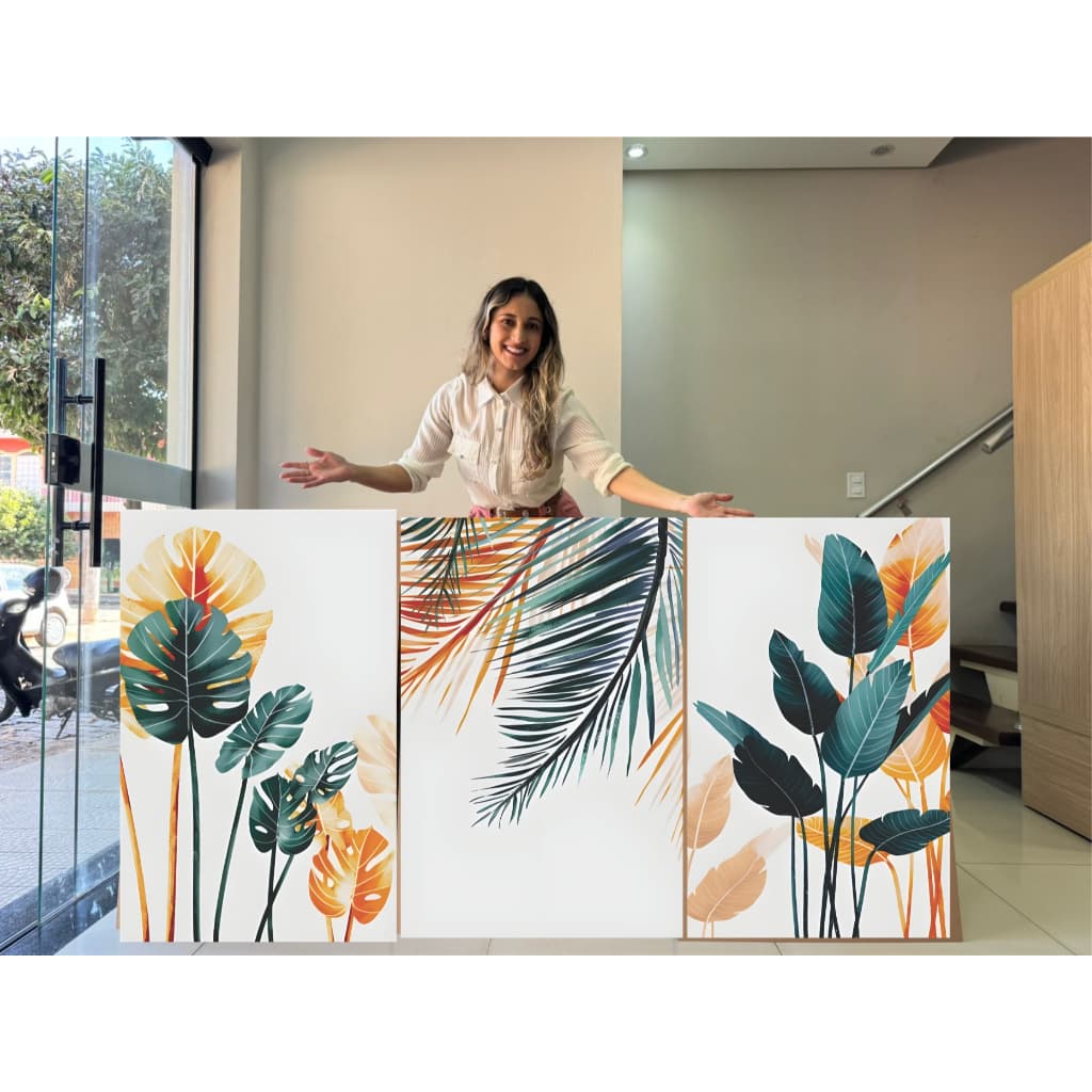 Quadros decorativos com folhagens verdes e laranjas para decoração de escritório
