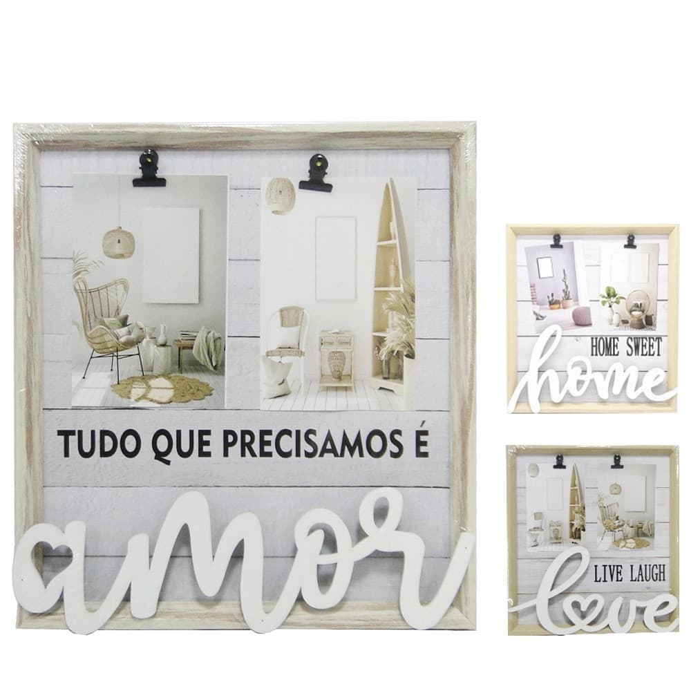 Porta retrato com moldura de plástico branco e fundo cinza com texto em branco