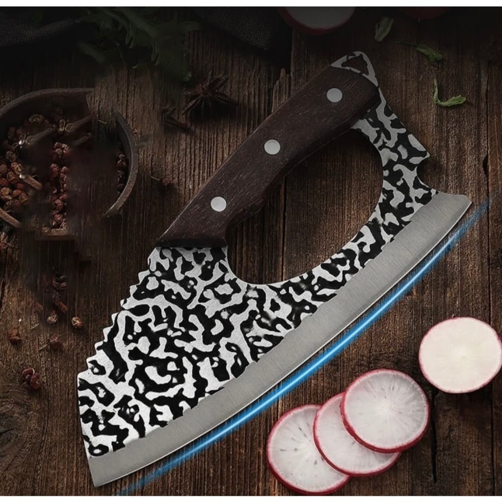 Cutelo inox profissional com cabo preto e branco, padrão de leopardo, para cozinha