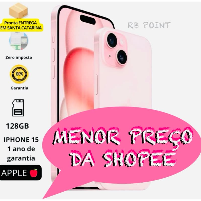 iPhone 15 rosa 128GB com garantia de 1 ano e entrega rápida na Shopee