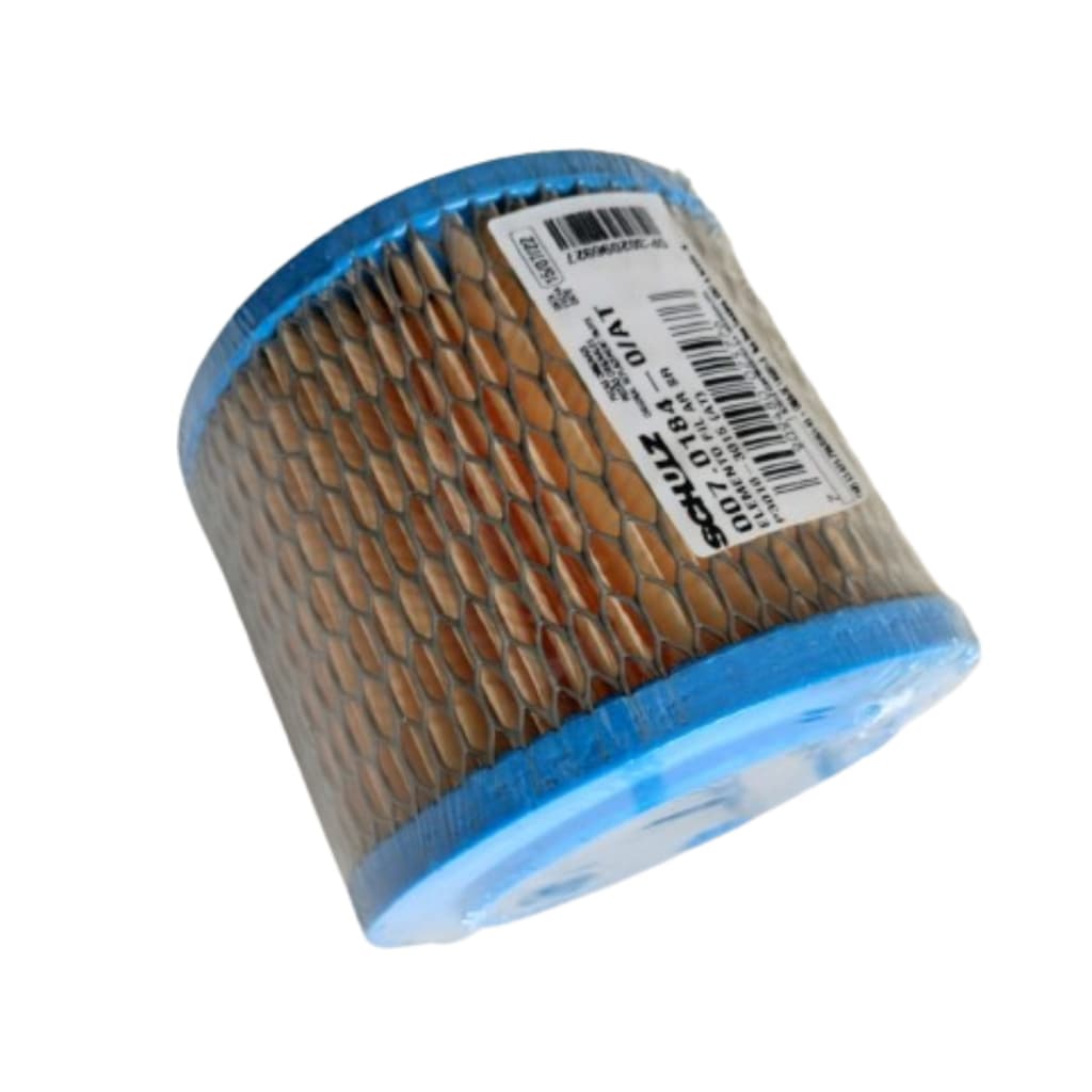 Filtro de ar Schulz 007.0184-0 para compressor de parafuso, cilíndrico, malha marrom, bordas azuis, rótulo branco.
