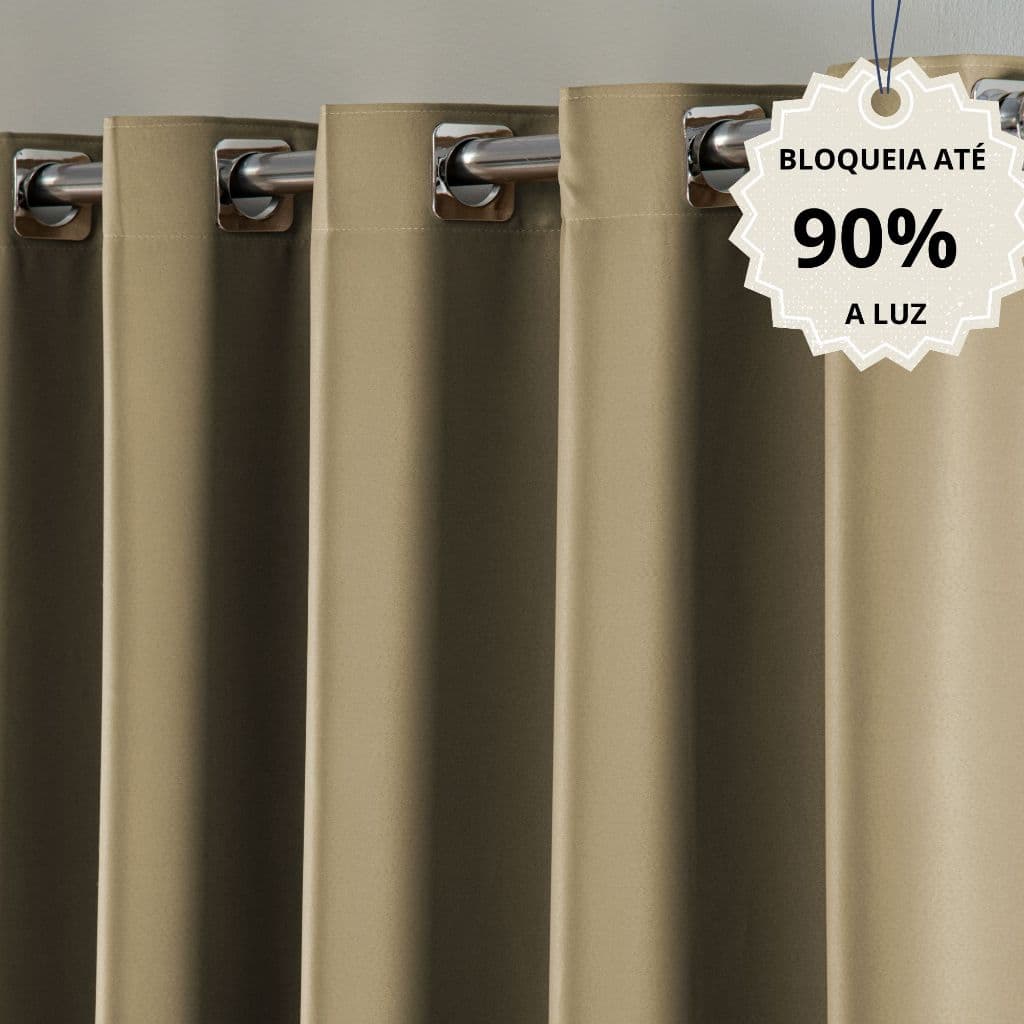 Cortinas blackout em tecido premium, bloqueiam 90% da luz, cor bege, com ilhóses metálicos