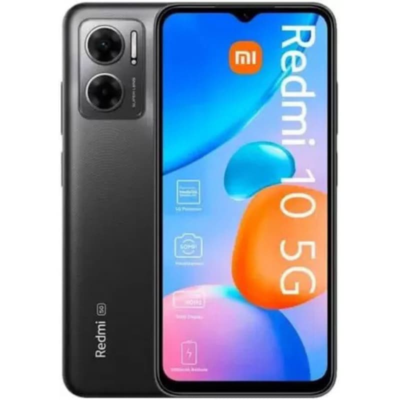 Smartphone Xiaomi Redmi 10 5G, cor preta, câmera dupla, tela touchscreen, logotipo Xiaomi.