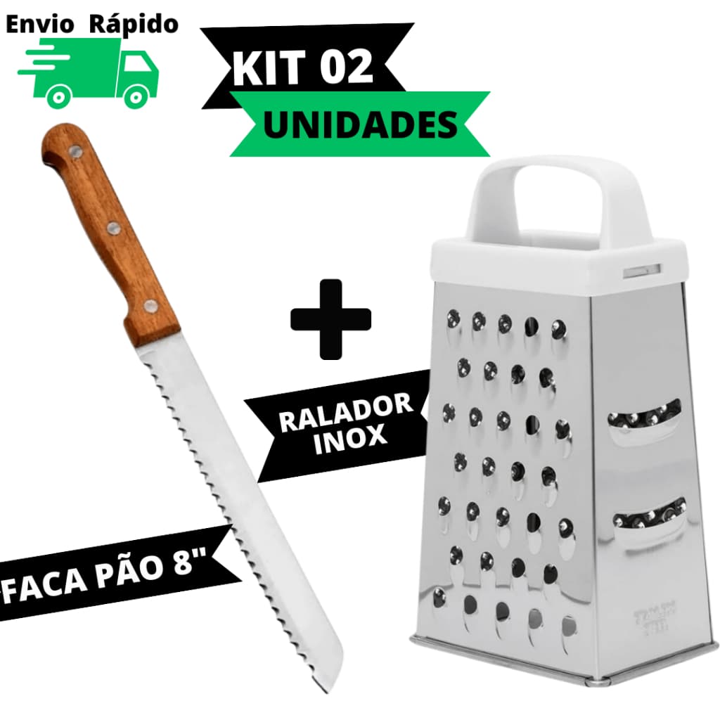 Kit promocional com faca de pão 8 polegadas e ralador de aço inox 22 cm