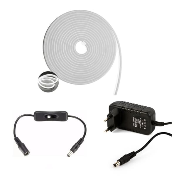 Fita LED neon branca fria 5m com fonte 3A e interruptor, adaptador e cabo