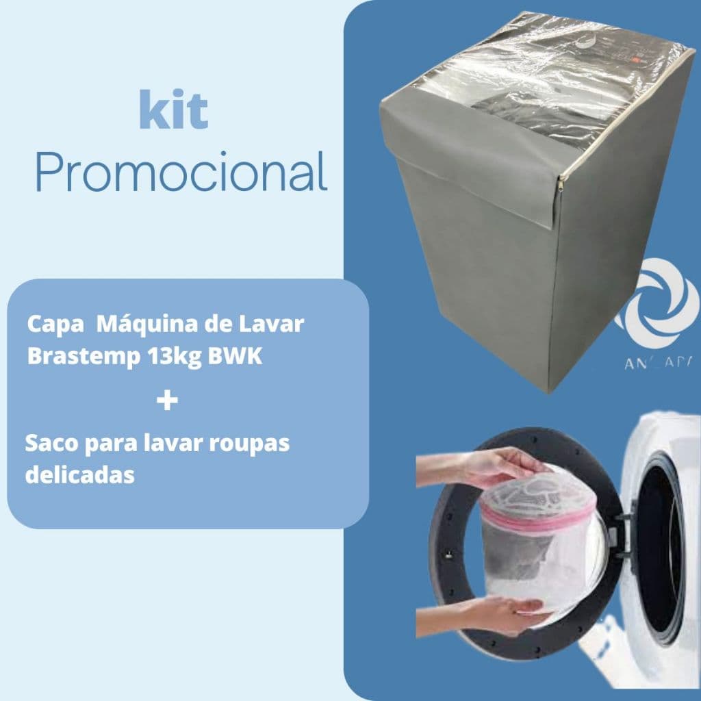 Kit promocional com capa transparente para máquina de lavar Brastemp 13kg e saco para roupas delicadas