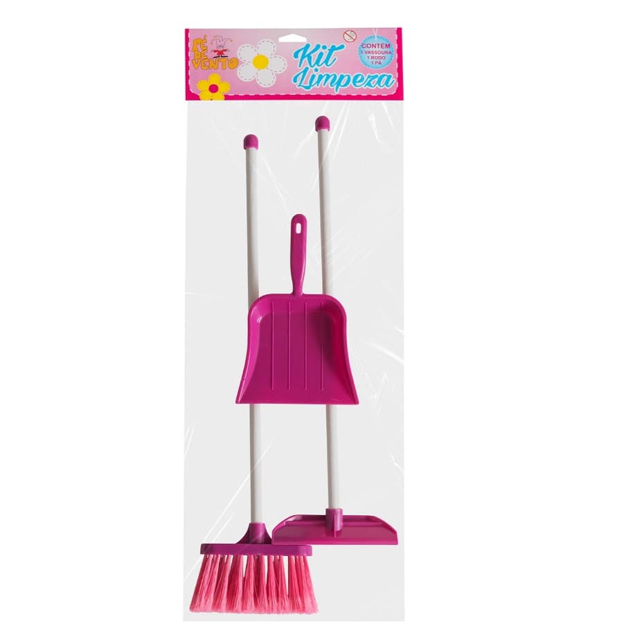 Kit de limpeza infantil rosa com vassoura e rodo em embalagem transparente