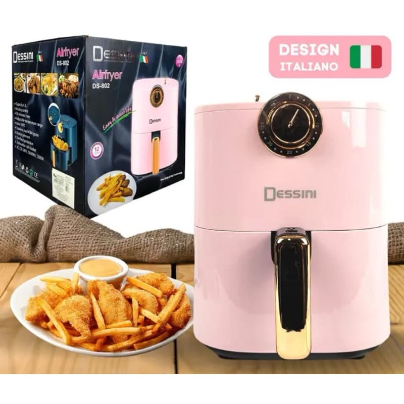 Fritadeira Air Fryer Rosa Luxo Premiun 4,2L 220V da Dessini em embalagem com fritas