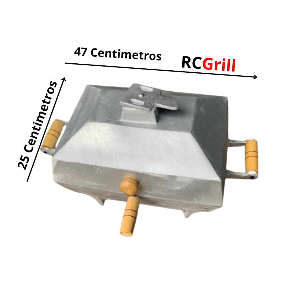 Churrasqueira de alumínio fundido com medidas 47 cm x 25 cm, cabos amarelos e marca RCGrill