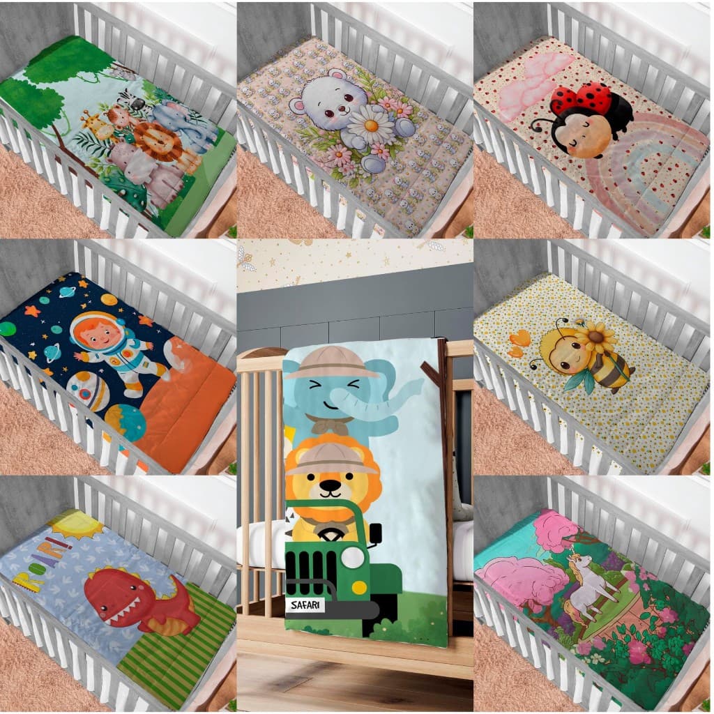 Colcha para berço com estampas de animais, espaço e flores