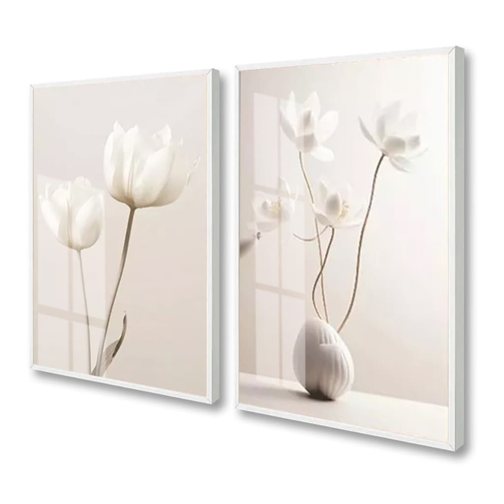 Quadro decorativo com flores brancas em fundo bege neutro, moldura branca, dois quadros em conjunto.