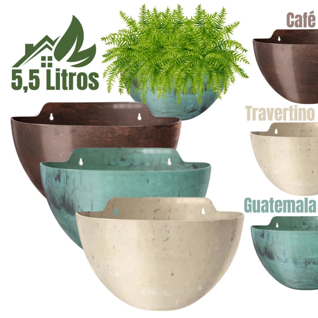 Kit de 3 vasos de parede Elegance, 5,5 litros, para jardim vertical, em cores variadas, com uma planta verde.