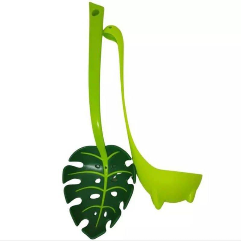 Kit Concha Dinossauro Escumadeira Folha Utensílio Cozinha Verde Neon