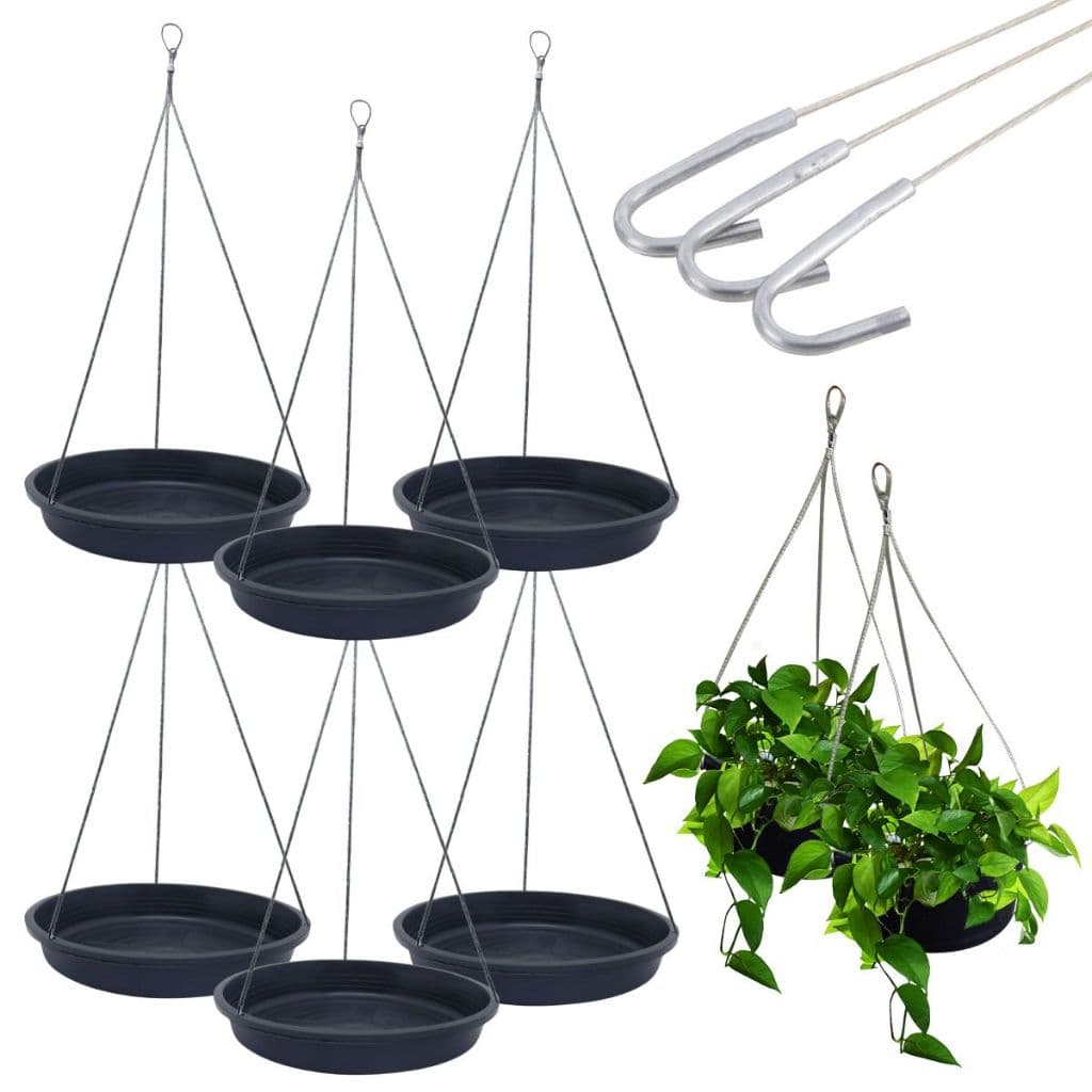 Kit com 6 suportes para pendurar vasos e plantas suspensos com pratos de plástico preto