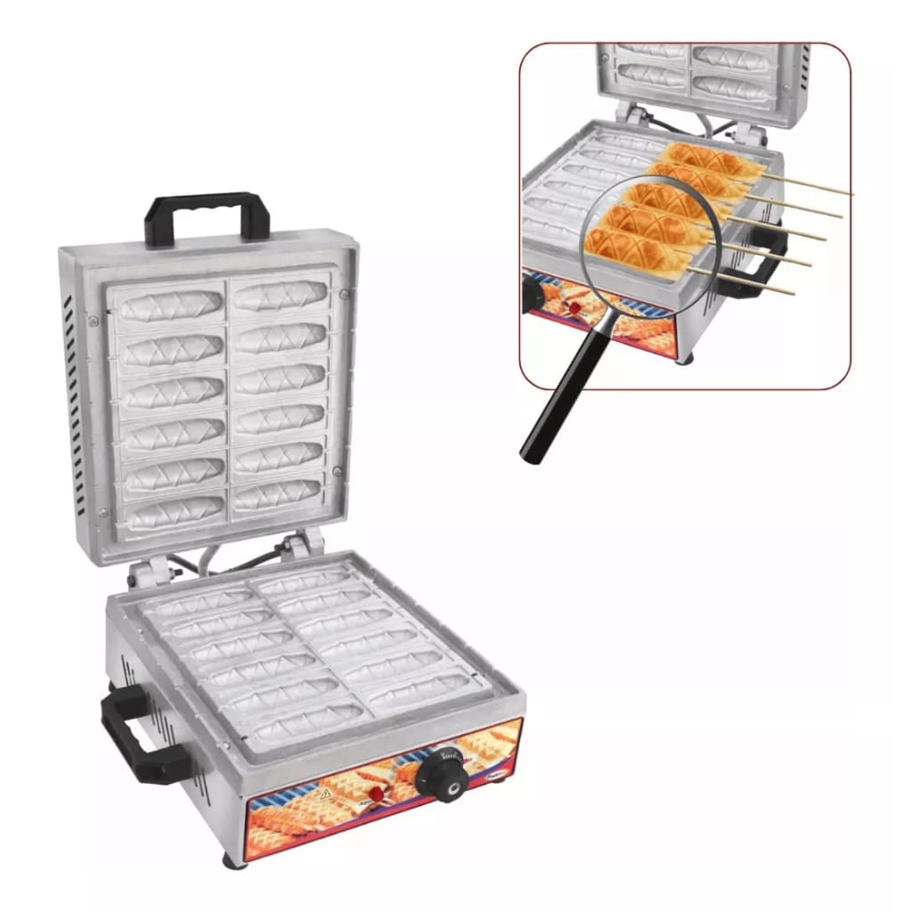 Máquina de crepe elétrica 12 cavidades, ângulo frontal e lateral, cor prata, controle rotativo, fundo branco