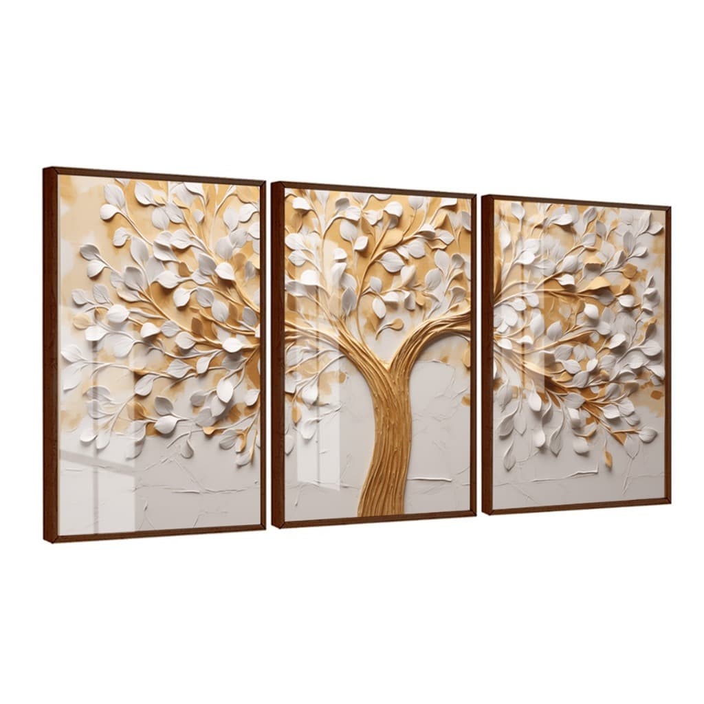 Quadros decorativos com design de árvore em relevo, bege e marrom, molduras douradas.