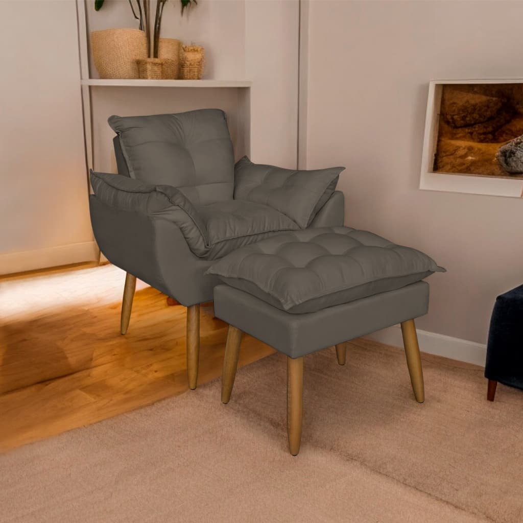 Kit poltrona e puff decorativo cinza para sala e quarto, confortável para leitura e amamentação