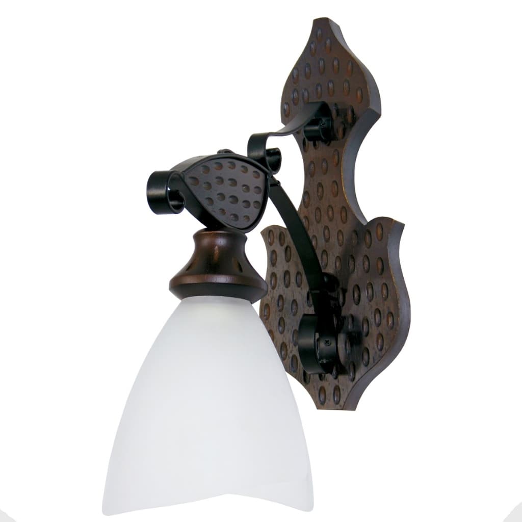Luminária de parede rústica com design de madeira marrom e vidro branco, ideal para iluminação de ambiente.