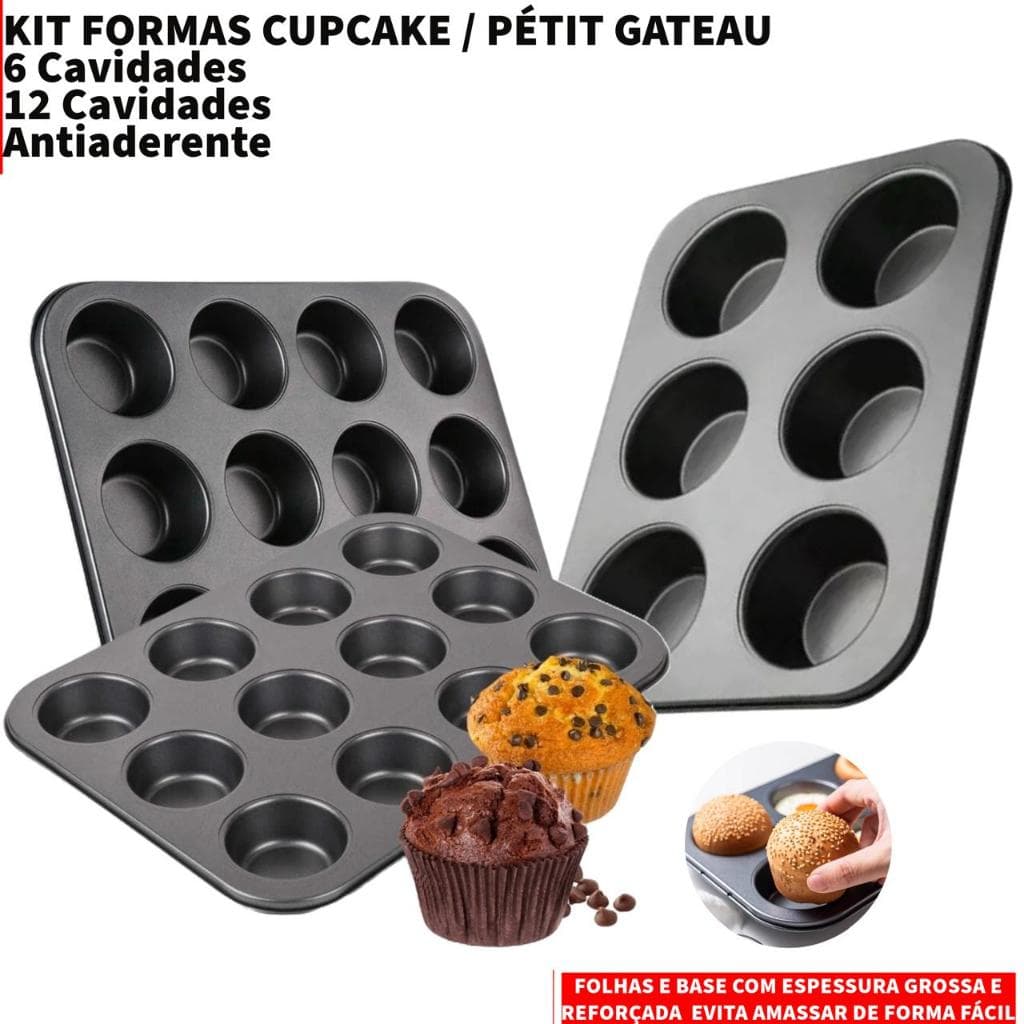 Forma Cupcake 12 Cavidades Antiaderente Teflon Pão de Queijo Empadas Muffins Assadeira 6 Cavidades